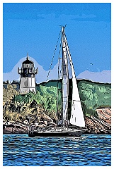 Sailboat Passes by Ten Pound Island Light - Digital Painting